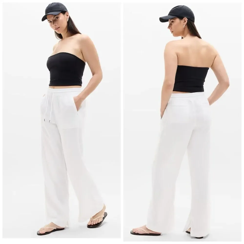 Athleta Retreat Linen High Rise Wide Leg Pants White Womens XS Split Leg Hem NWT